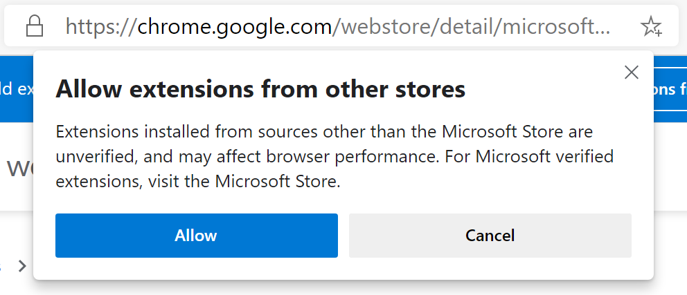 Screenshot of the pop-up alert shown when asking Edge to allow extensions from other stores