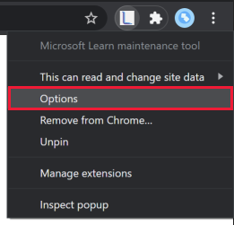 Screenshot of the Microsoft Learn Maintenance Tool Chrome extension menu showing the Options entry highlighted.