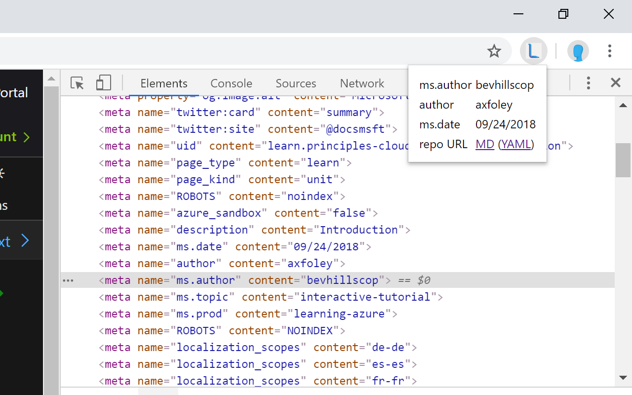 Screenshot of the Microsoft Learn Maintenance Tool Chrome extension showing a page's author, date, and edit link metadata loaded.