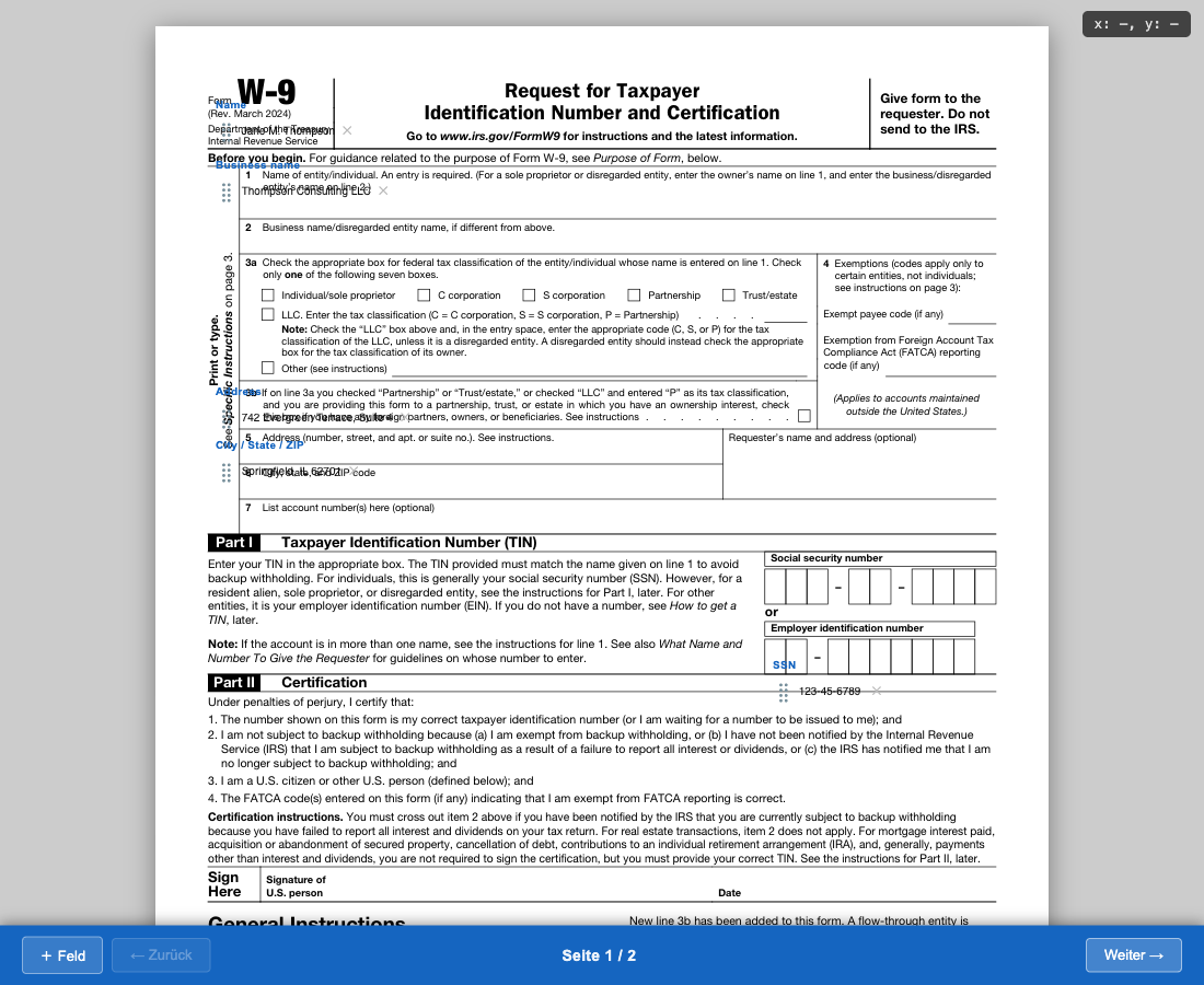 Drag-and-drop editor showing W-9 form with pre-filled fields and navigation bar