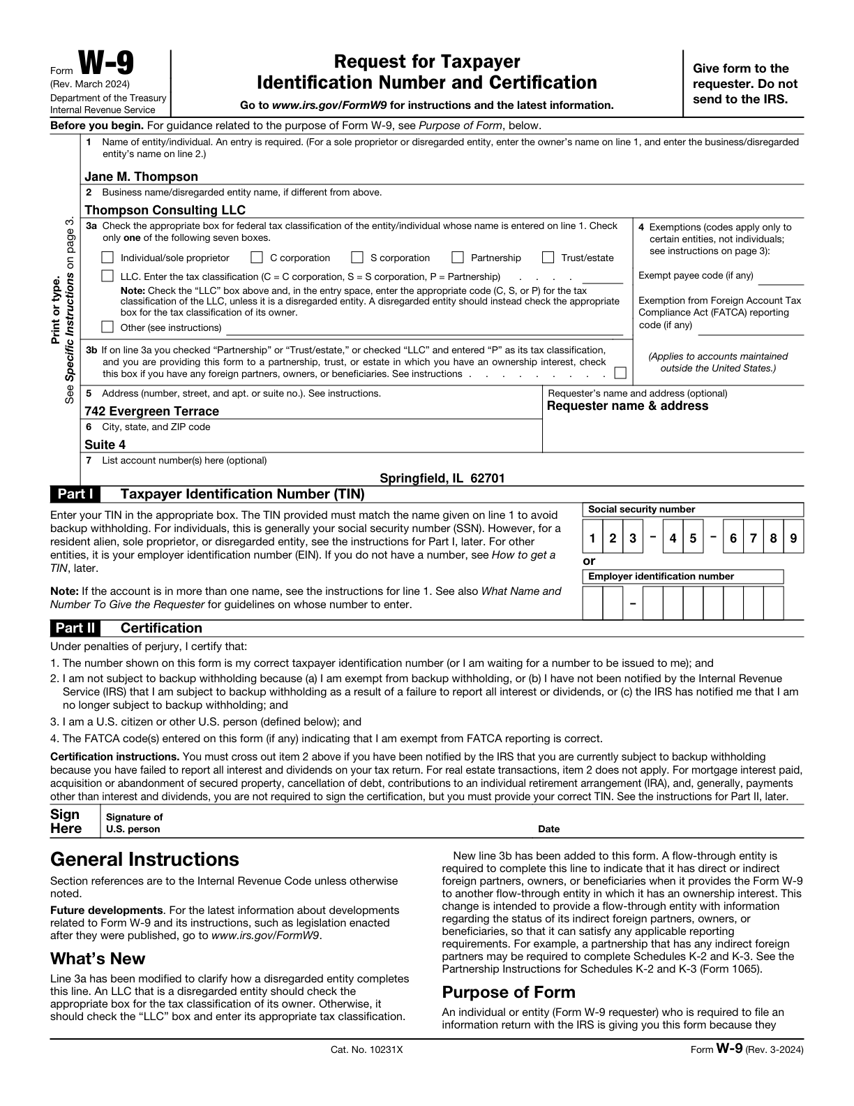 Filled W-9 form with name, address and SSN fields populated