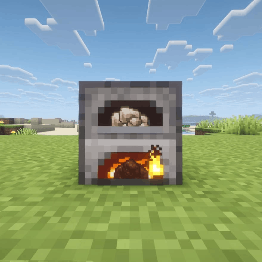 A lit furnace showing raw iron smelting and coal burning
