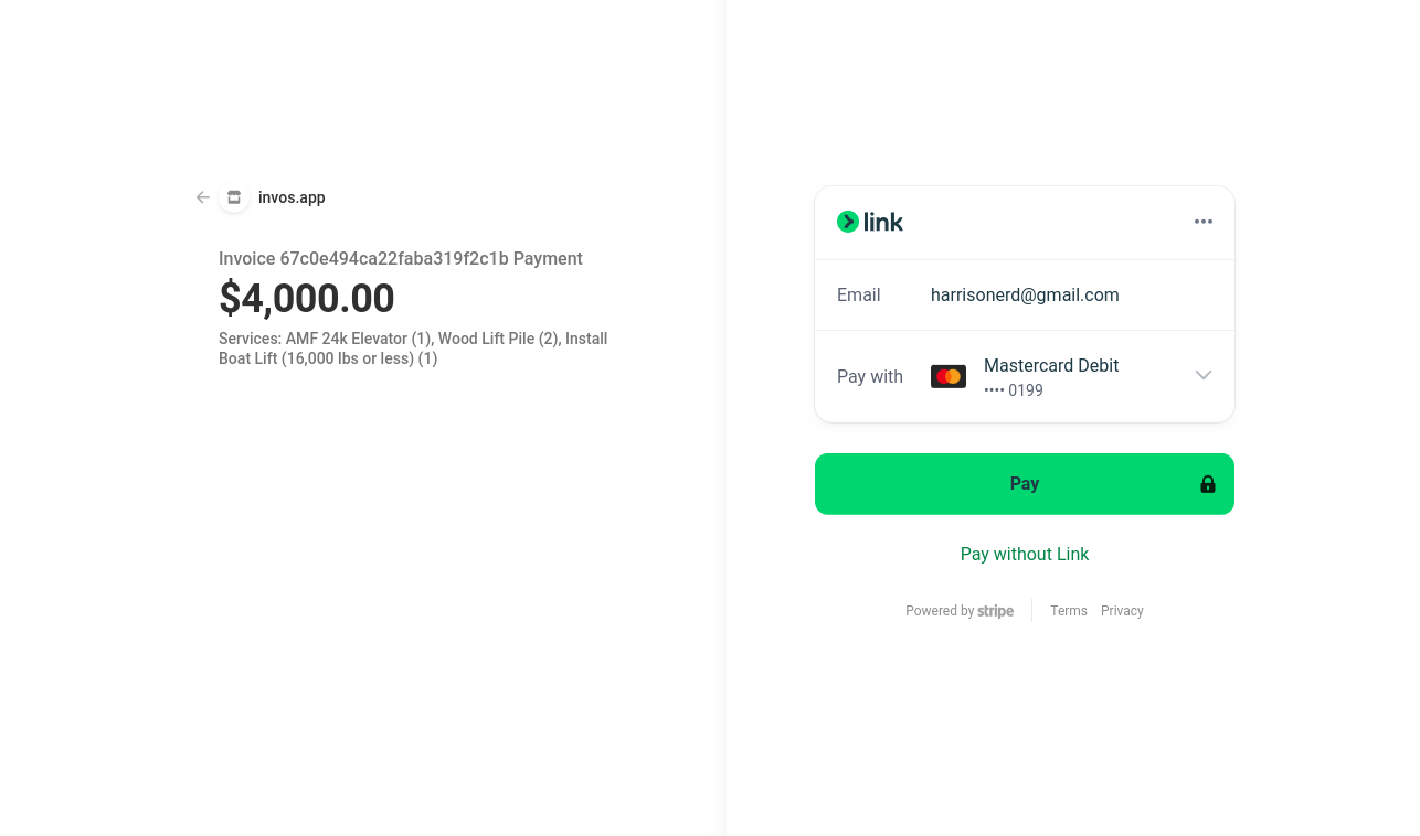 Screenshot of an invos invoice with embedded Stripe payment option