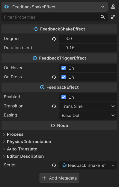 FeedbackShakeEffect in the inspector