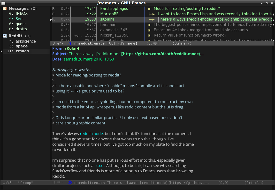 Screenshot of a Reddit comment in Gnus