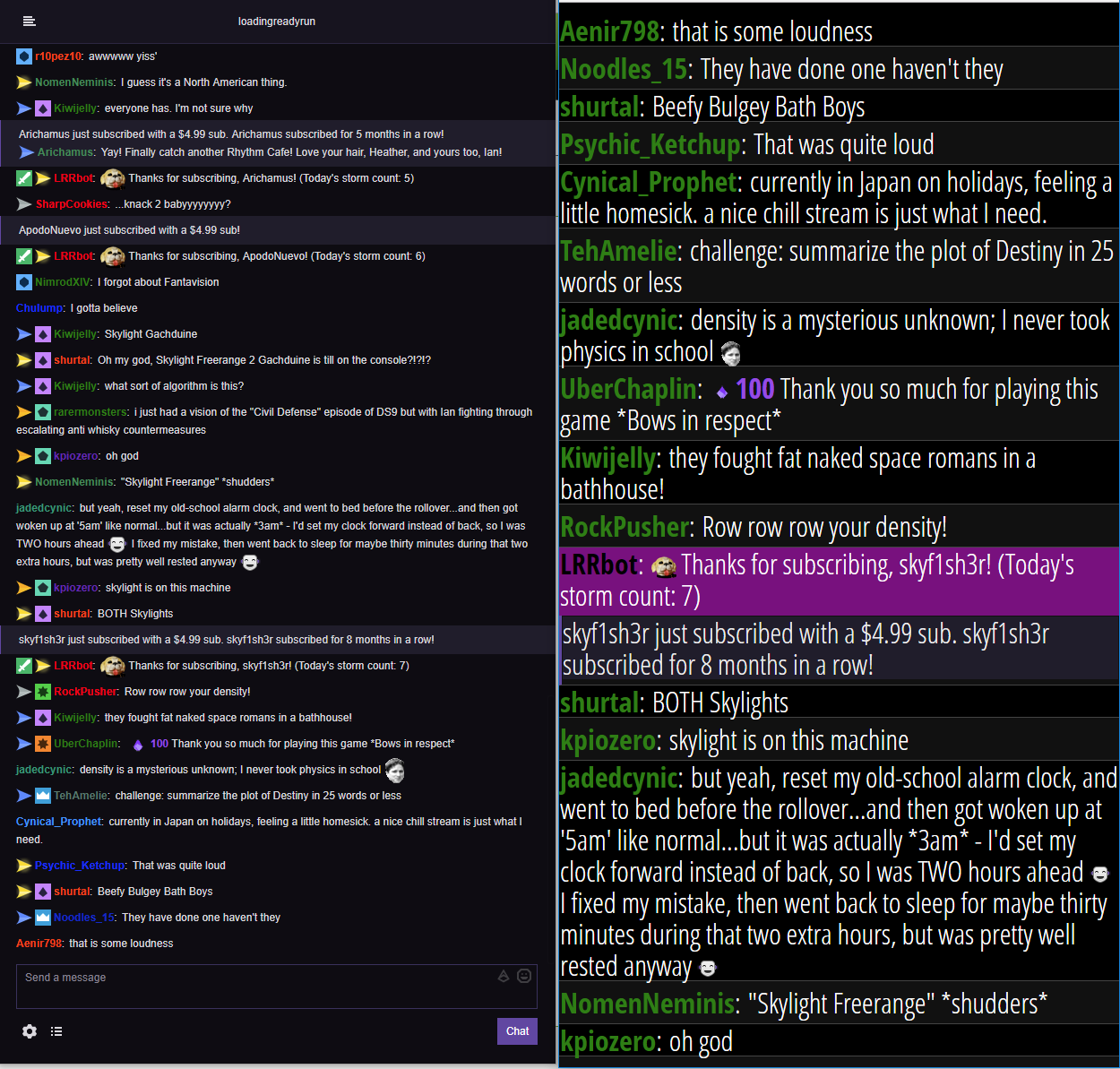 LEFT: default Dark mode twitch Chat -- RIGHT: Nifty Chat Monitor reformated...