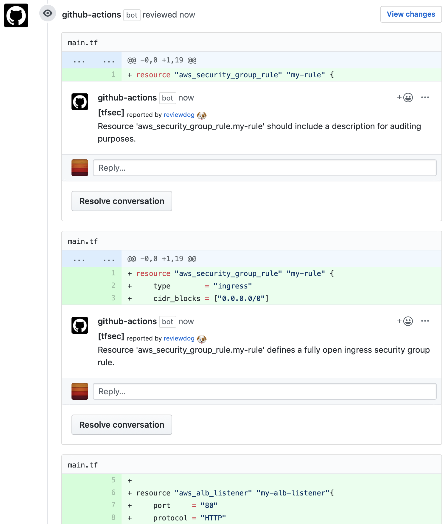 Example comment made by the action, with github-pr-review