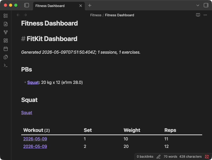 Generated dashboard with PBs and Dataview history tables