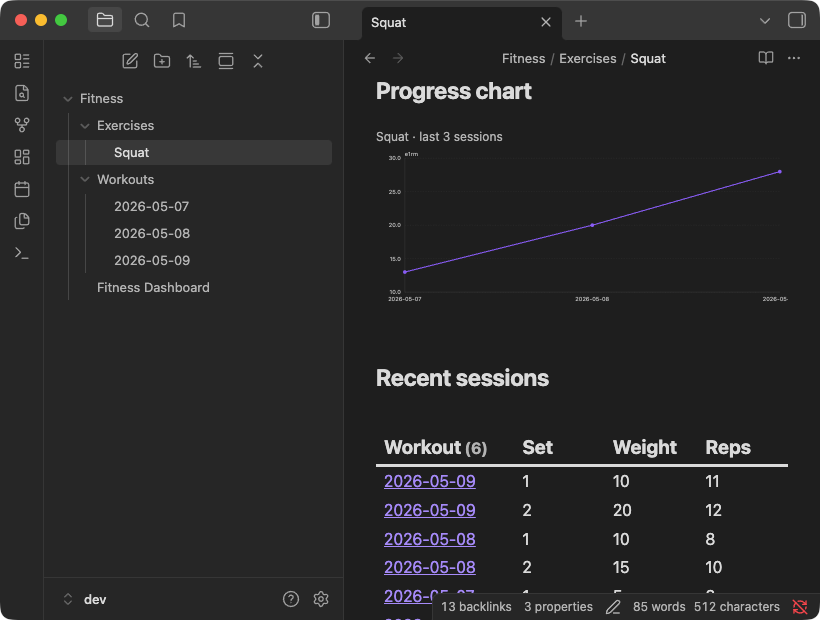 Exercise note with a progression chart and Recent sessions