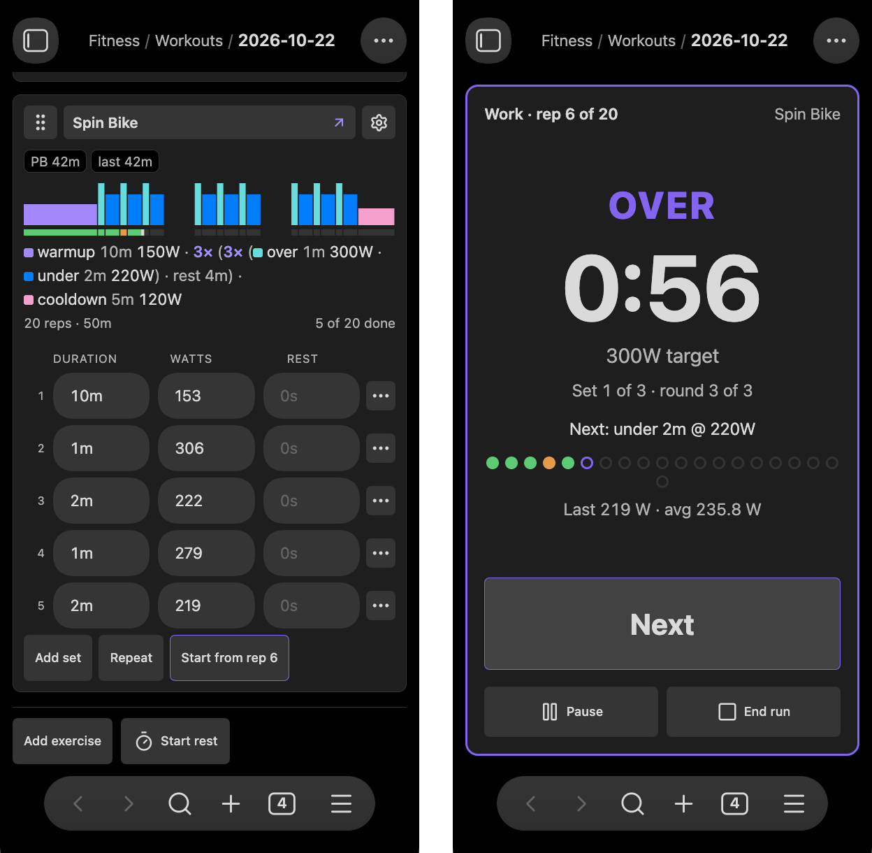 An interval card on a phone with its plan profile and logged reps, beside the runner counting down an over step