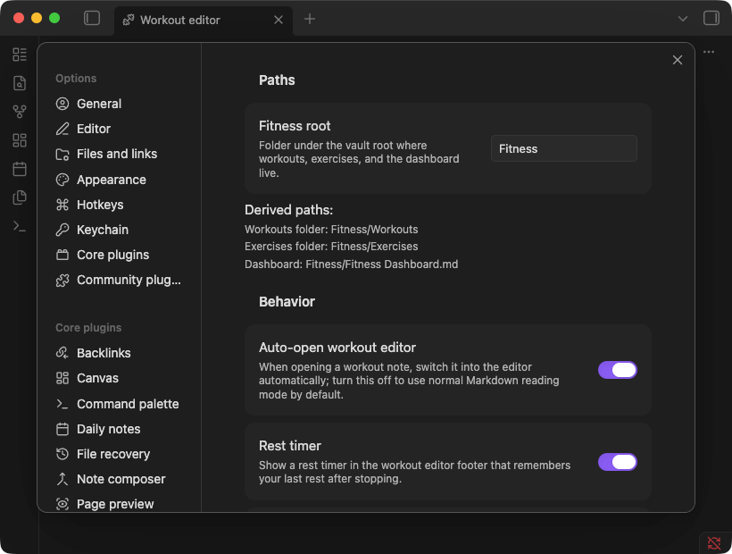 FitKit settings showing the default paths and setup actions