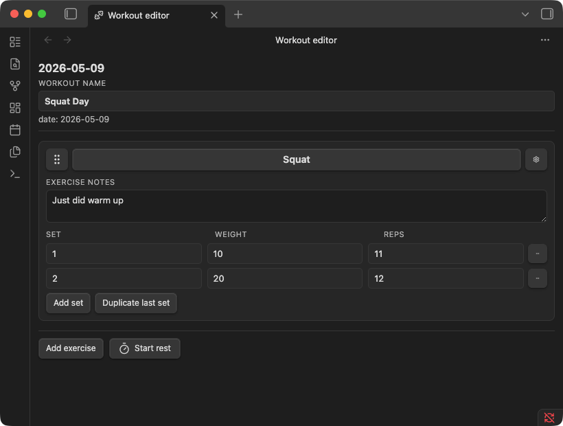 Workout editor with a strength exercise, rows, and rest timer