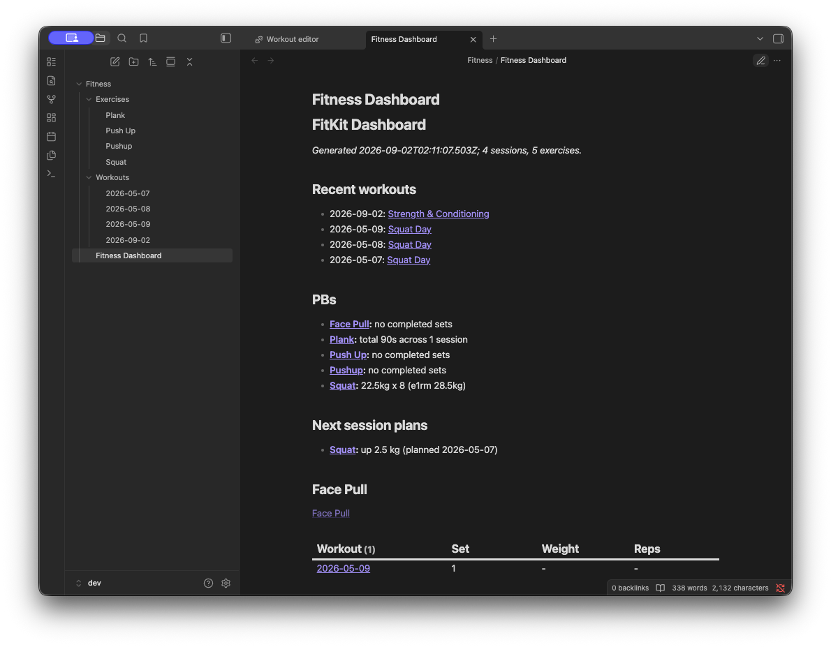 FitKit screenshot — Generated dashboard with recent workouts, PBs and next session plans