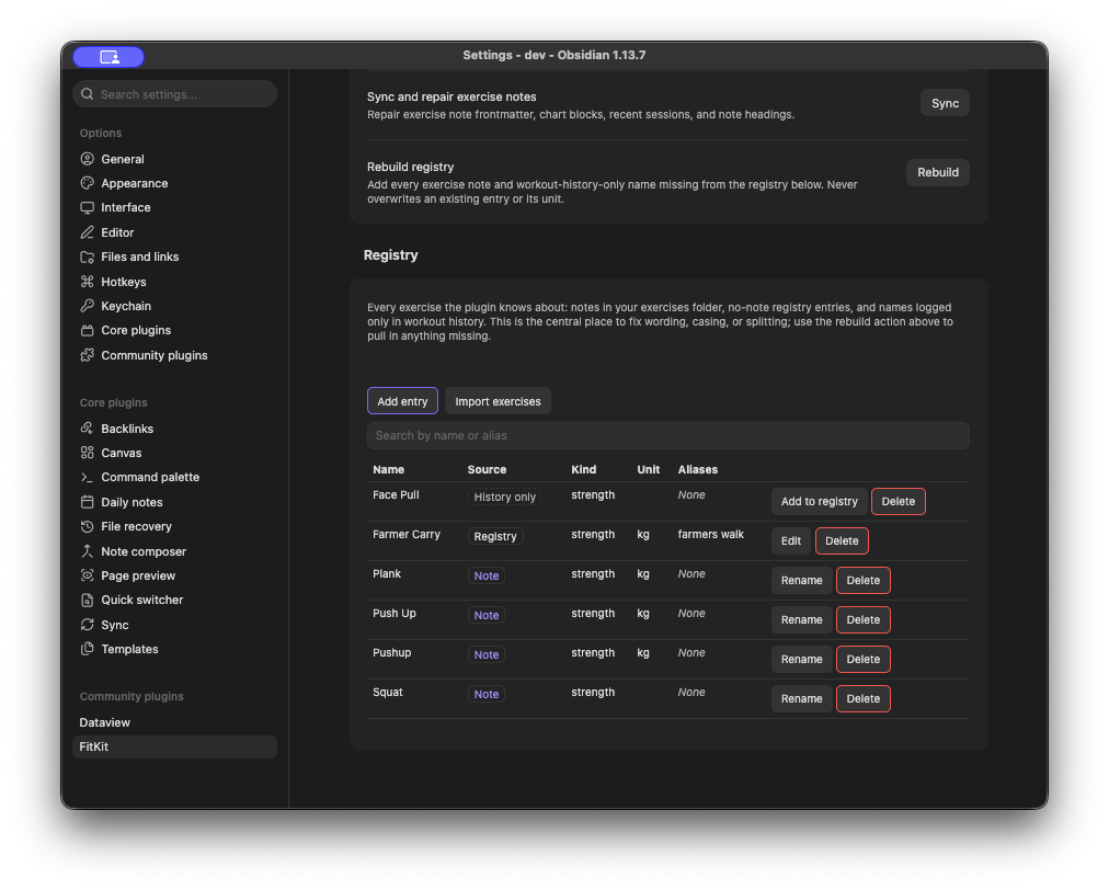 FitKit screenshot — Registry table showing note-backed, registry-only and history-only exercises