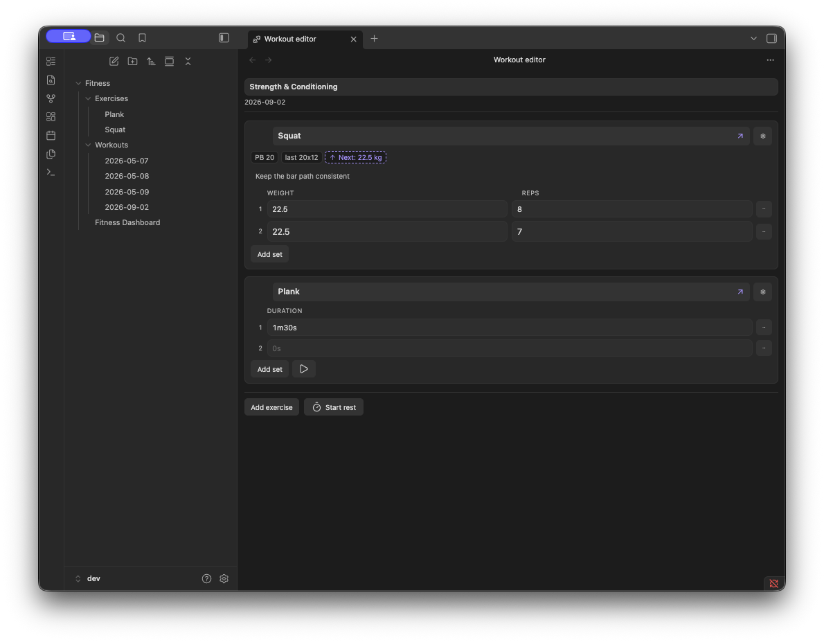 FitKit screenshot — Workout editor with a strength card, a duration card and the rest timer