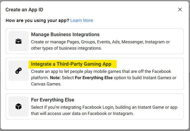 Create a new app and app number for Facebook