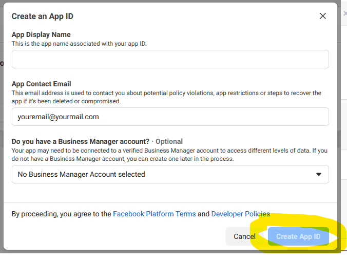 Create a new app and app number for Facebook