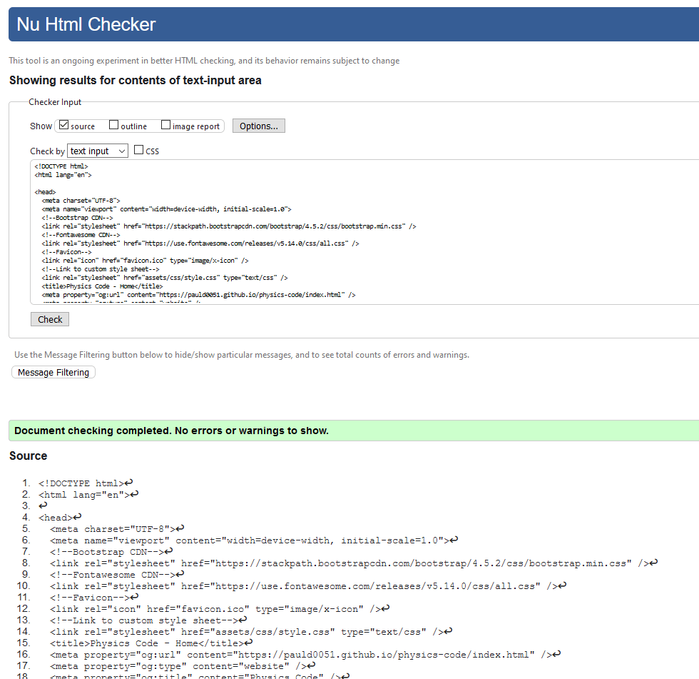 W3C Validation output for index.html