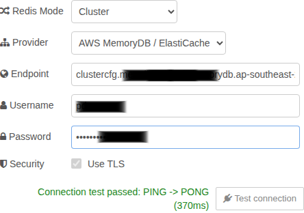 Redis config editor in Cluster mode with AWS MemoryDB or ElastiCache provider, auth fields, TLS option, and successful Test connection result.