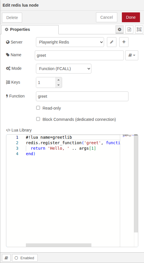 Redis Lua editor in Function mode: Mode set to Function (FCALL), a registered Function name, Keys 1, the Read-only and Block Commands options, and a Redis Functions library in the editor.