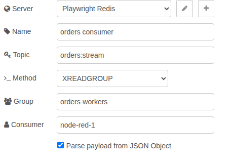 Redis in editor configured for XREADGROUP with stream topic, consumer group, consumer name, and JSON parsing.