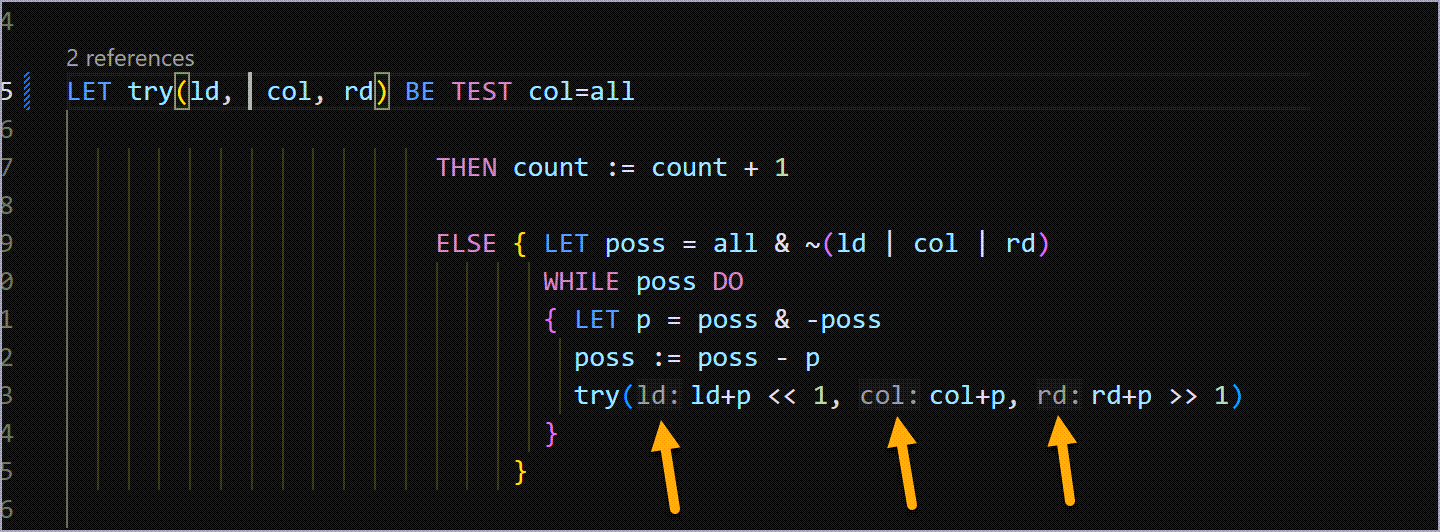 Inlay hints showing parameter names at call sites