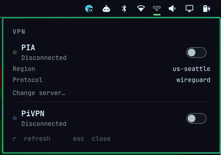 The VPN panel with everything off
