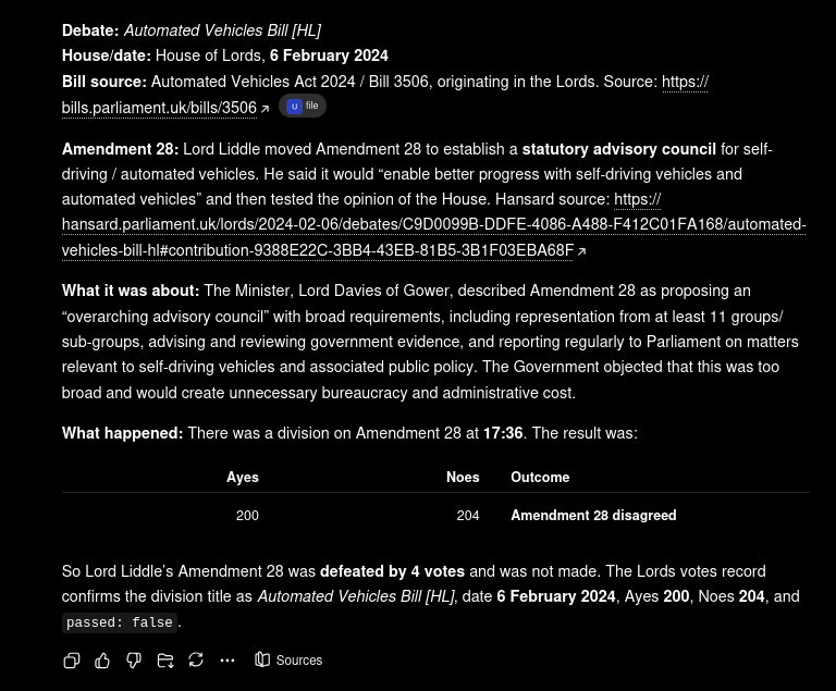 ChatGPT answer using uk-legal-mcp to connect an Automated Vehicles Bill Hansard debate to the division result for Lord Liddle's Amendment 28