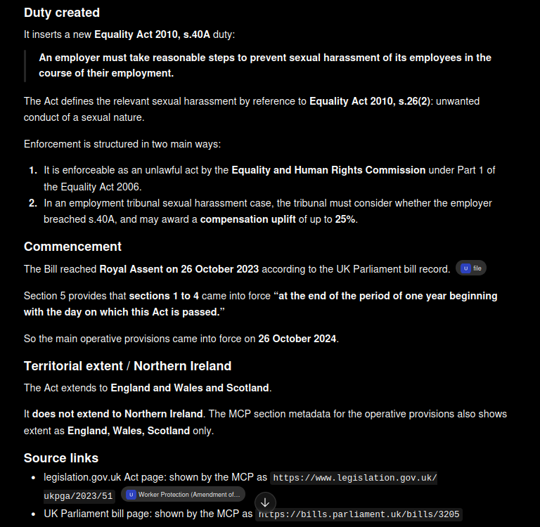ChatGPT answer using uk-legal-mcp to summarise the Worker Protection Act duty, commencement, territorial extent, and source links
