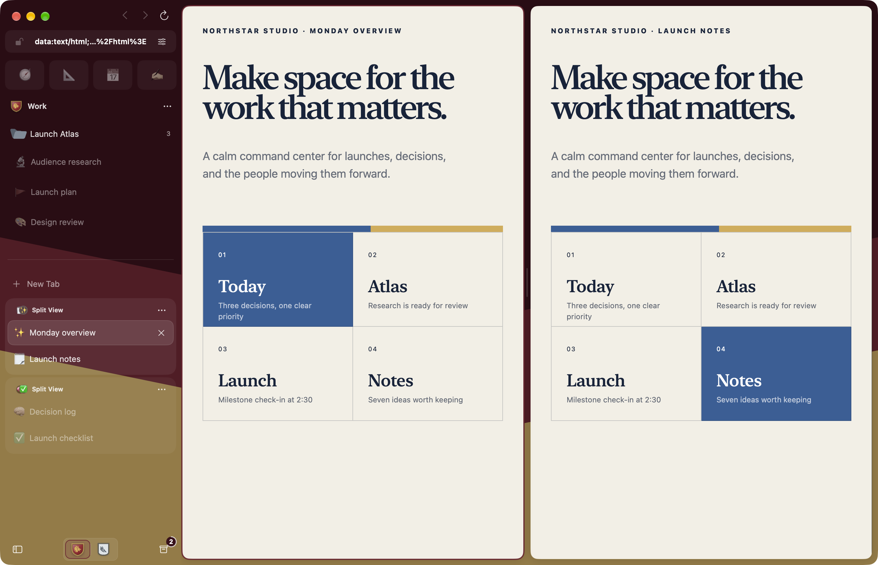 Two pages open side by side in a Split View group in Crest on Mac