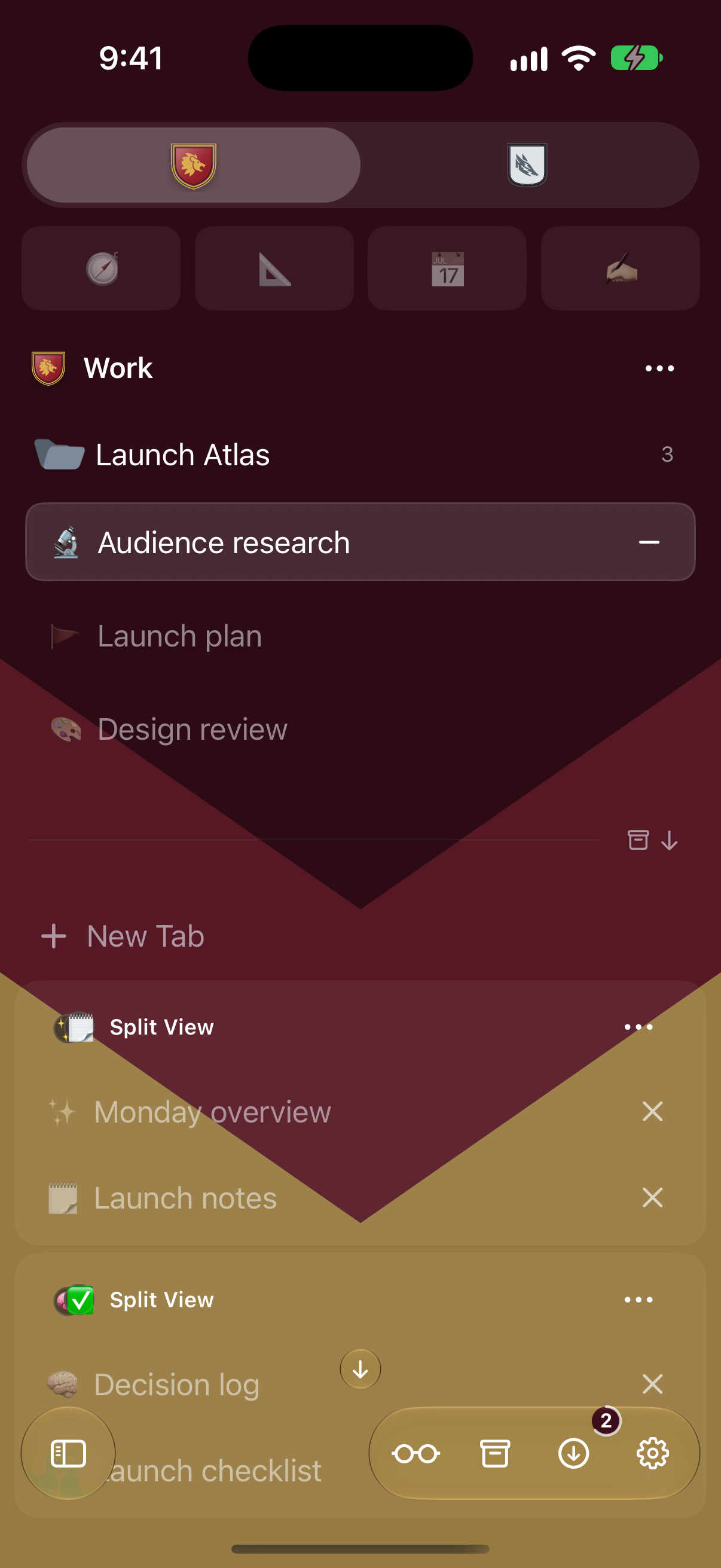 The same Spaces, Launch Atlas folder, and selected Audience research tab in the iPhone sidebar