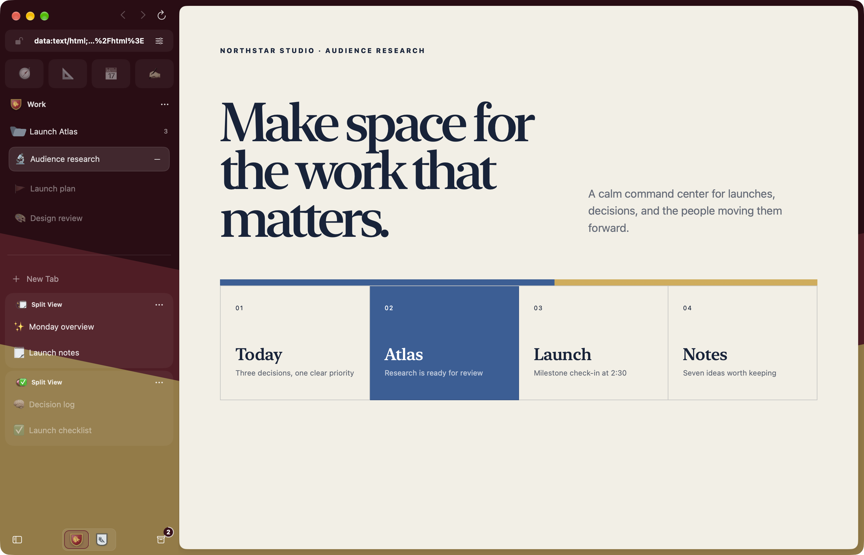 Crest on Mac with Lion Work first, Winter Personal second, and Audience research open beside the Launch Atlas folder