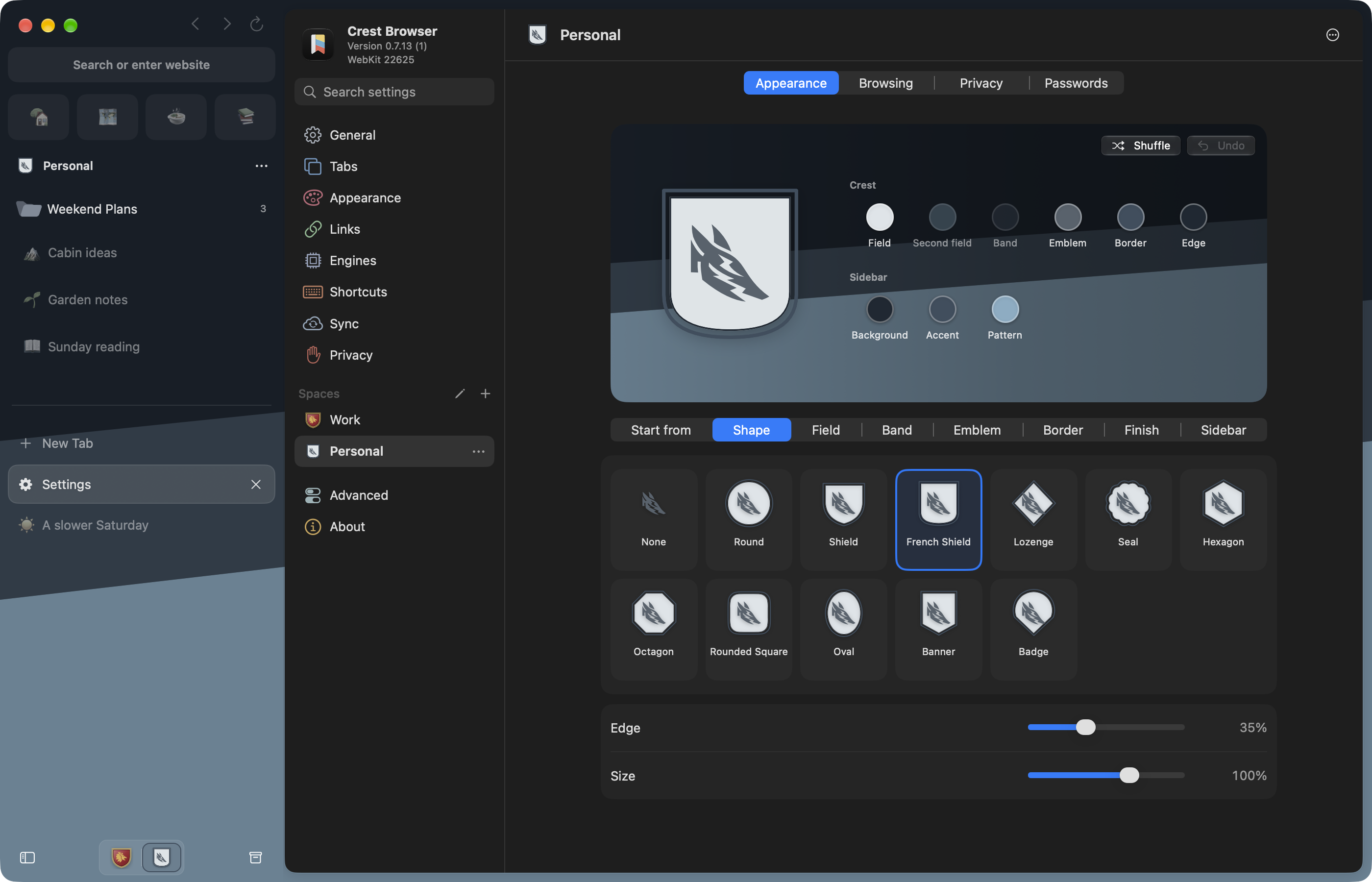 Crest Studio with a Winter crest on its Space’s sidebar background, its colors, the shape step, and the live sidebar