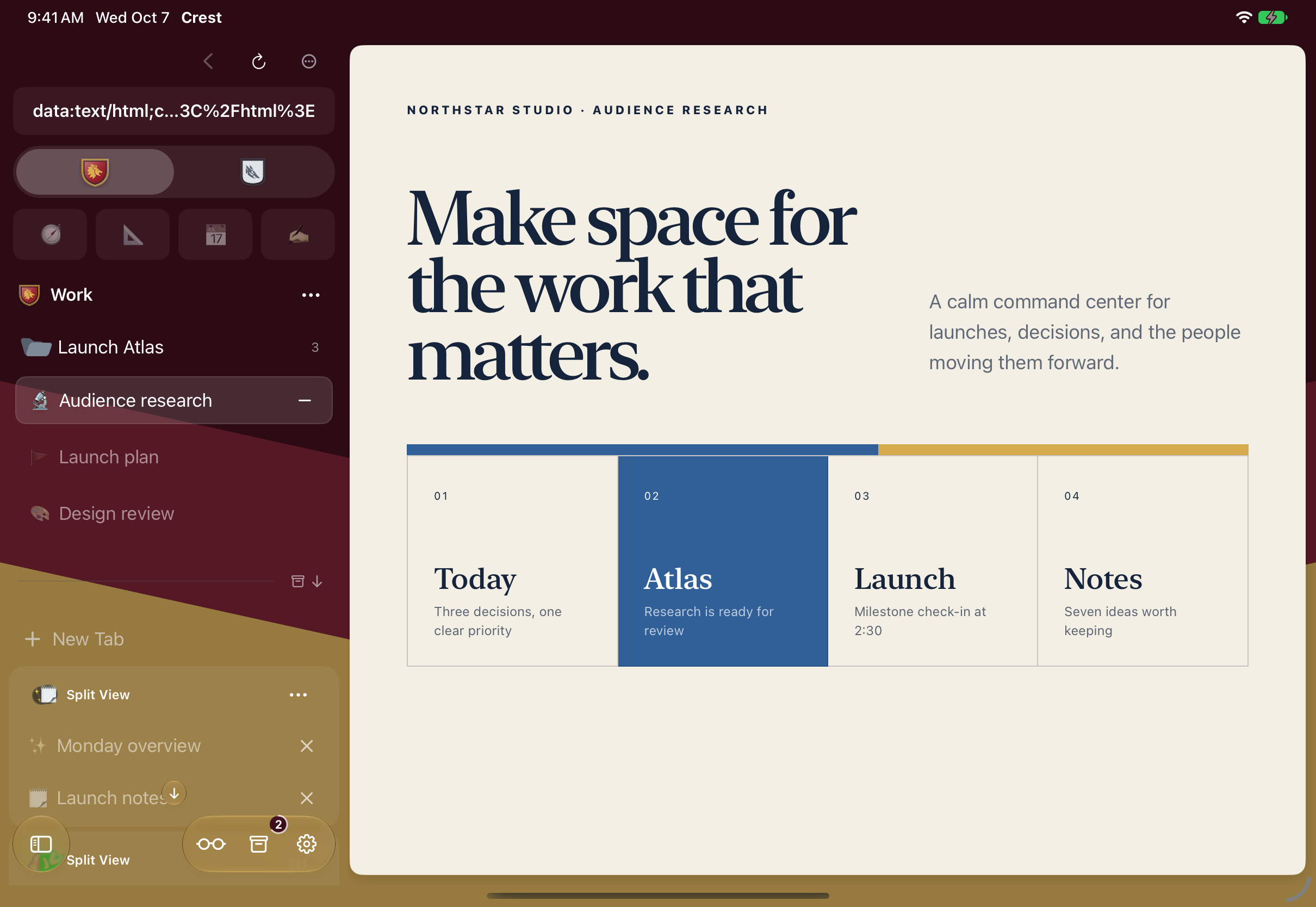 Lion Work first and Winter Personal second on iPad, with Audience research open
