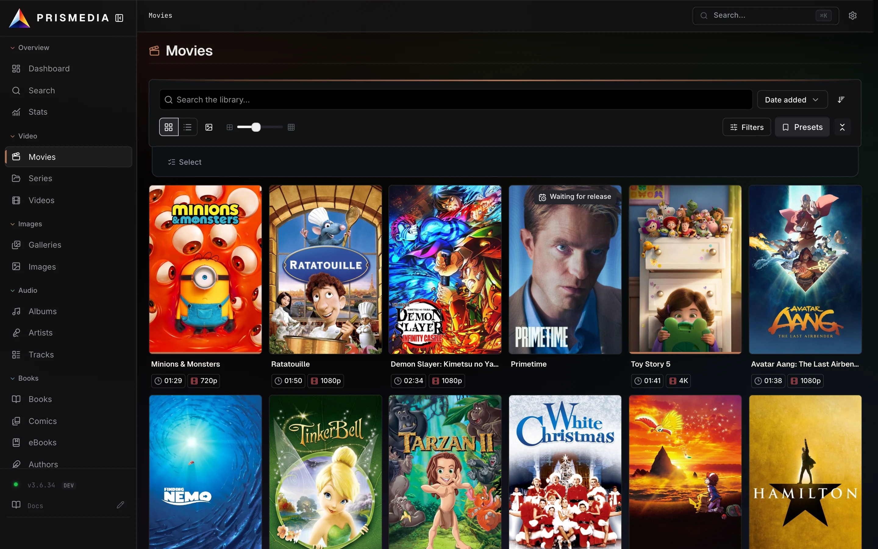 Prismedia's web app showing a movie library
