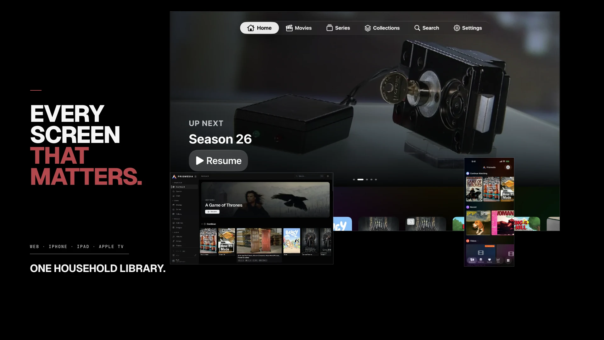 Prismedia product film showing the web, iPhone, iPad, and Apple TV experiences