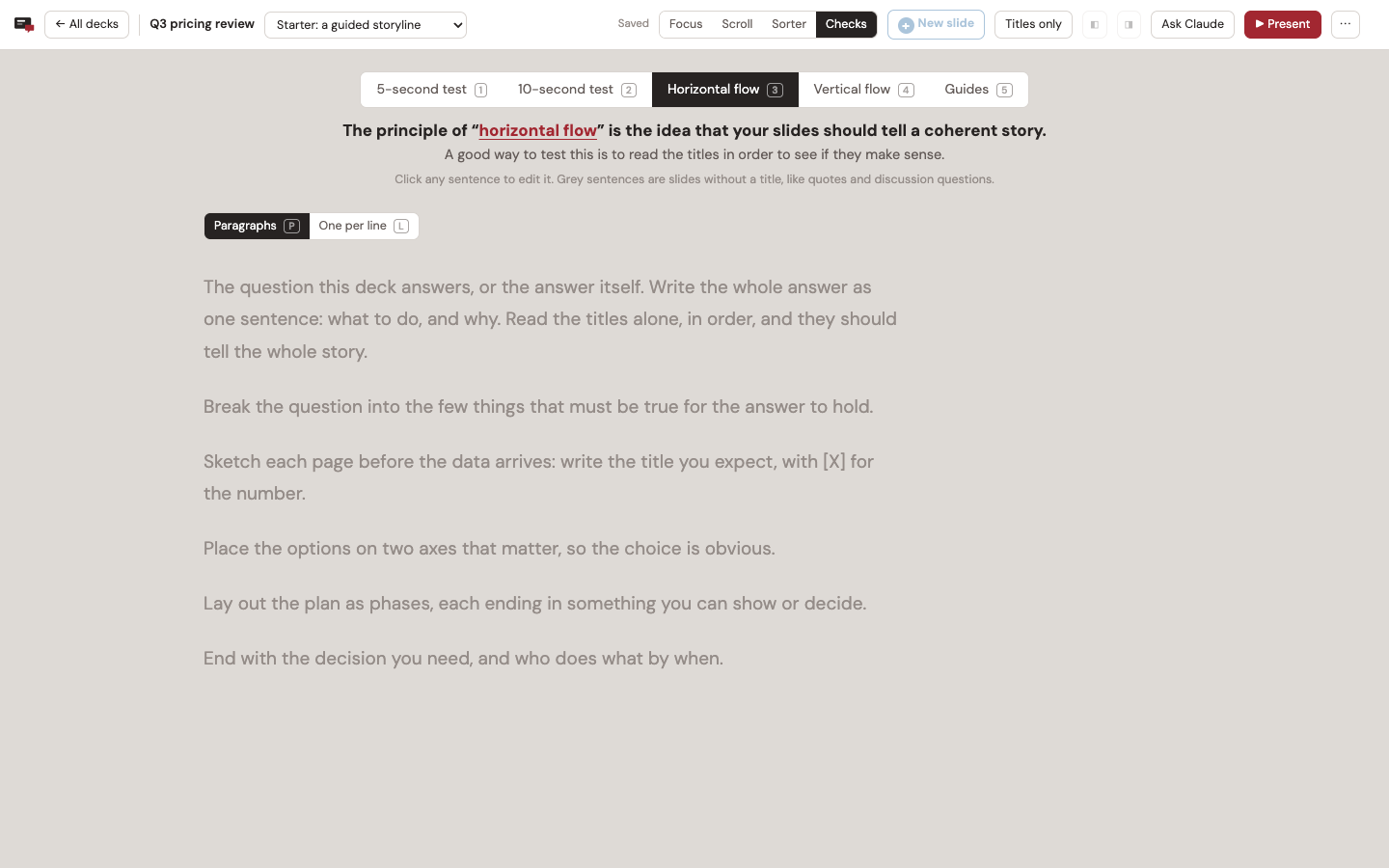 Checks › Horizontal flow: the deck's titles read in order, as paragraphs