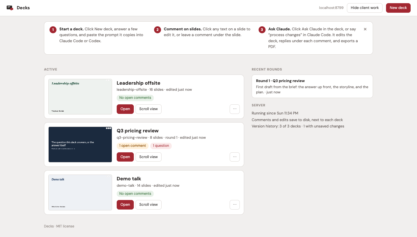 The dashboard: every deck, its open comments, and recent rounds