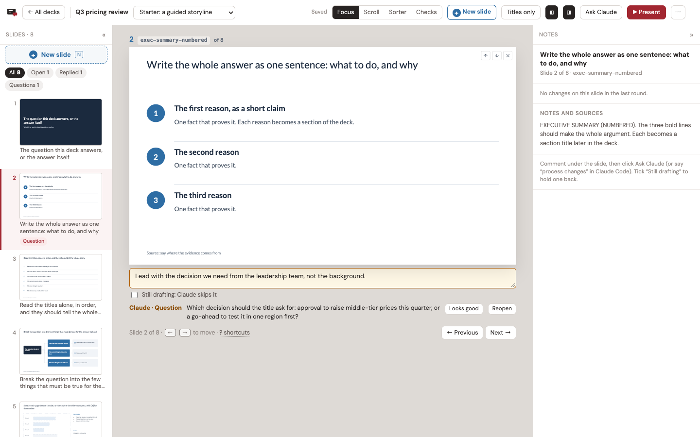 A slide in Focus view: the reviewer's comment under it, and the agent's question back
