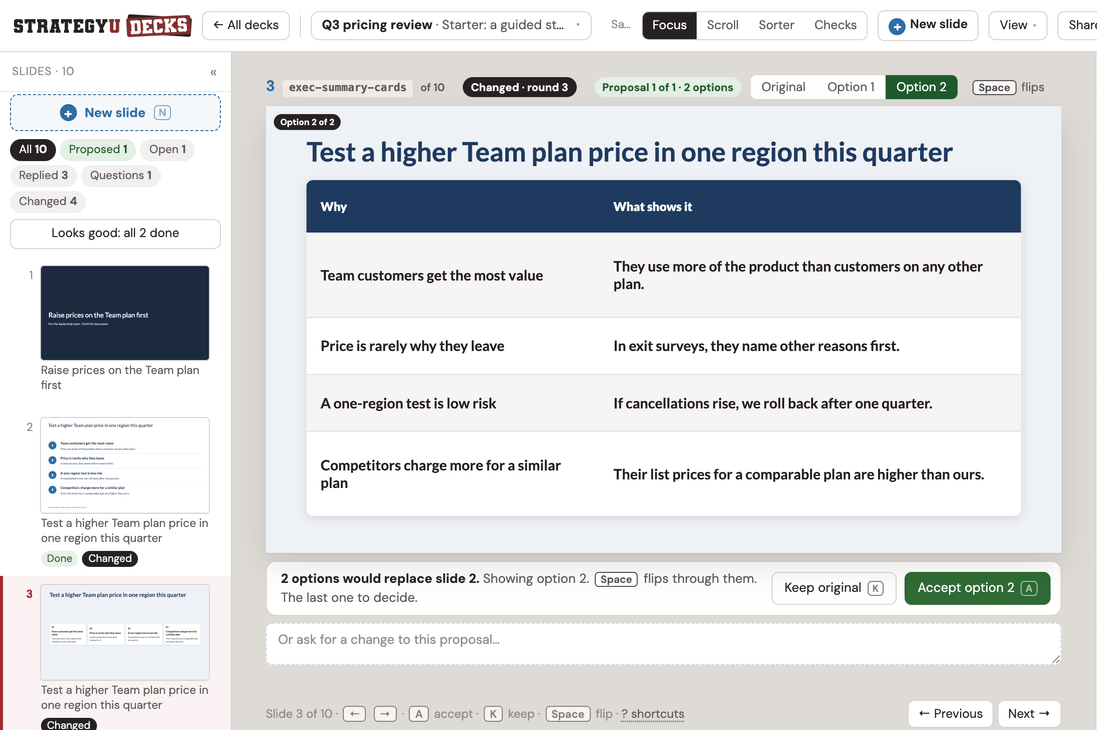 A proposed slide: Original, Option 1, and Option 2 to flip between above it, and Keep original or Accept option 2 under it
