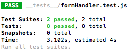 Console display showing 8 tests in 2 suites successfully completing in 3.102s