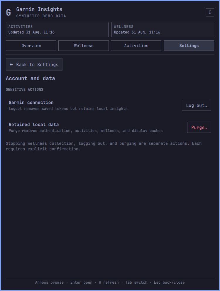 Garmin Insights Account and data controls using fabricated demo state