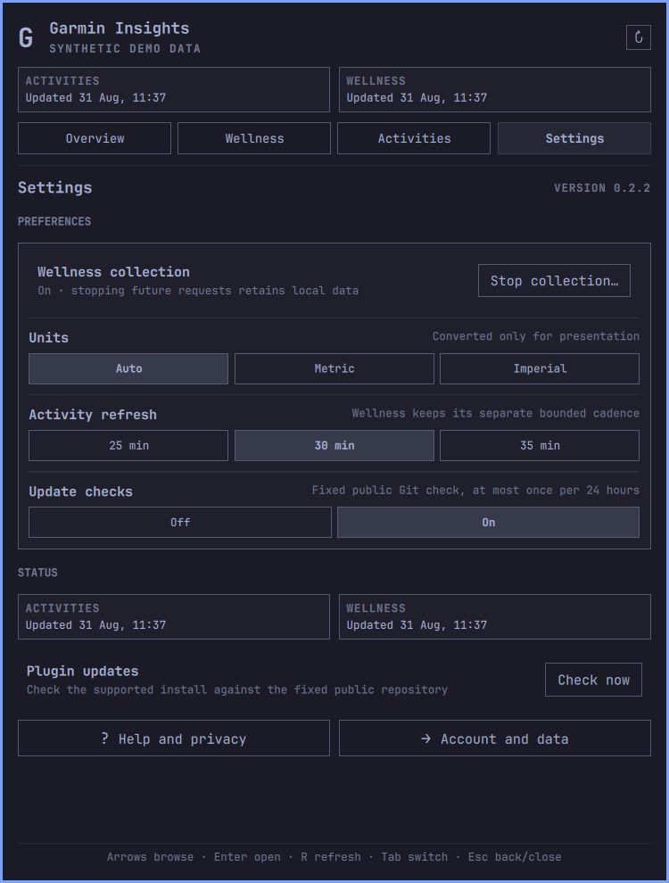Garmin Insights Settings using fabricated demo state