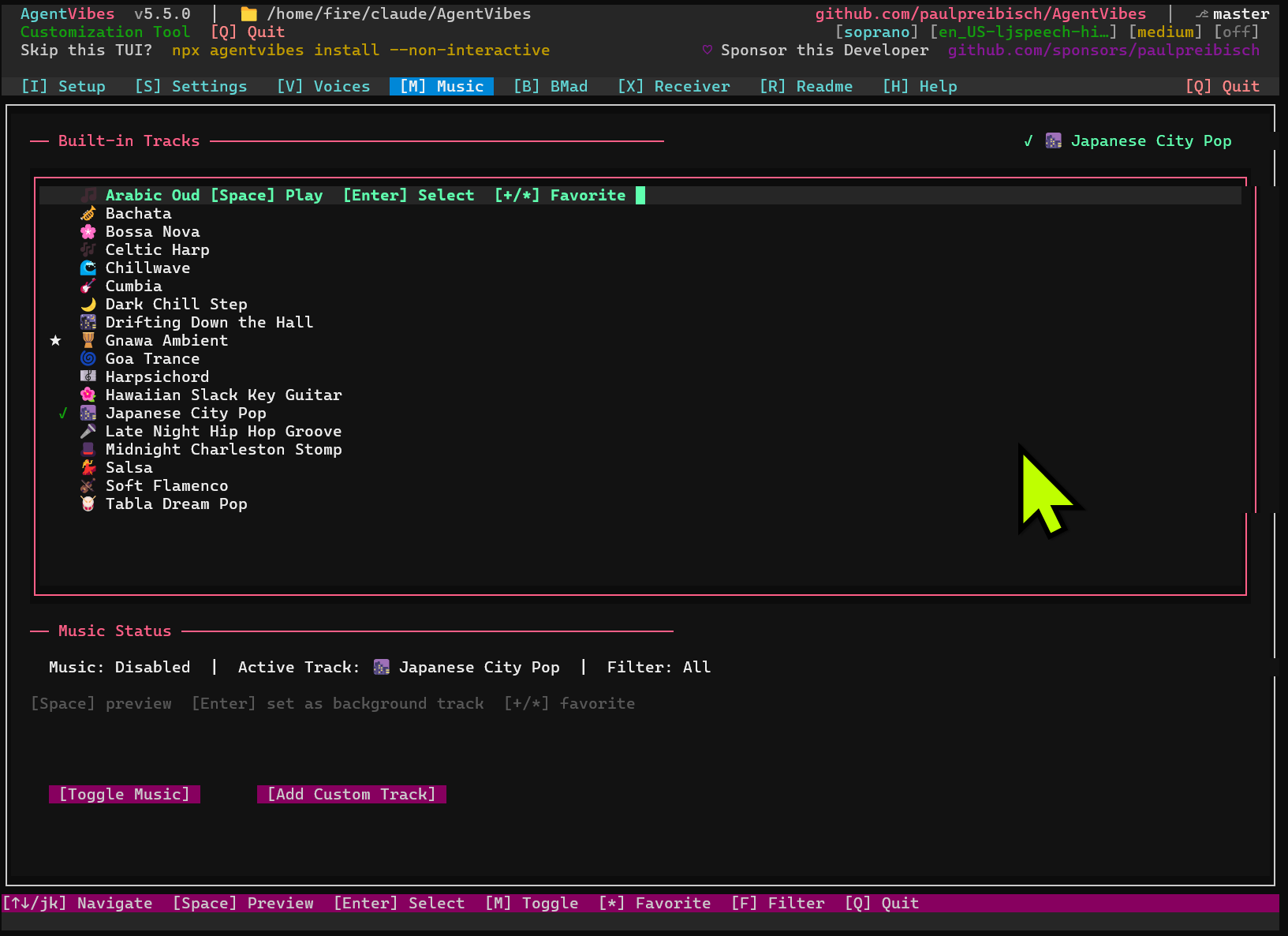 AgentVibes Music Tab