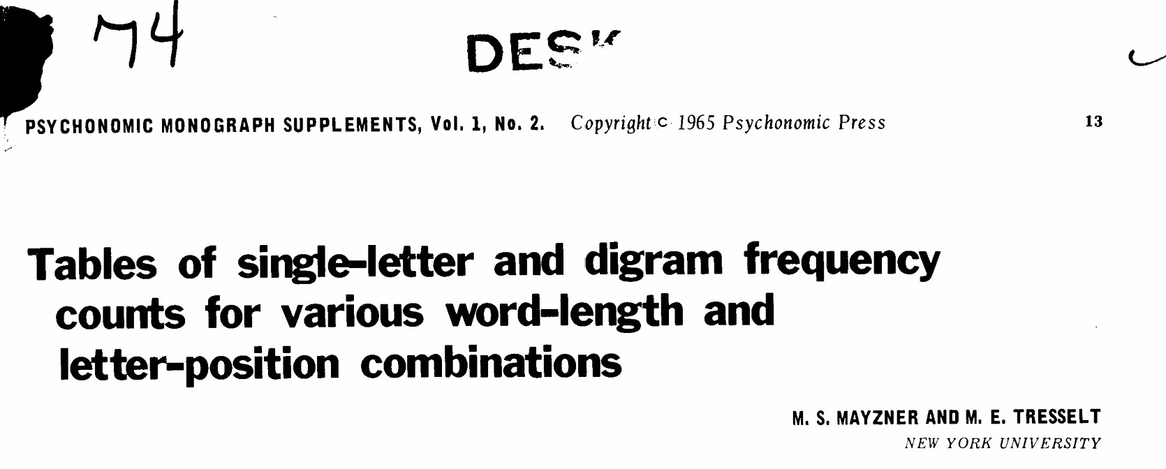 Tables of single-letter and digram frequency counts for various word-length and letter-position combinations