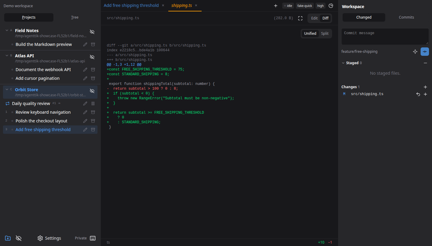 Shipping-rule diff with project tasks and Git staging controls