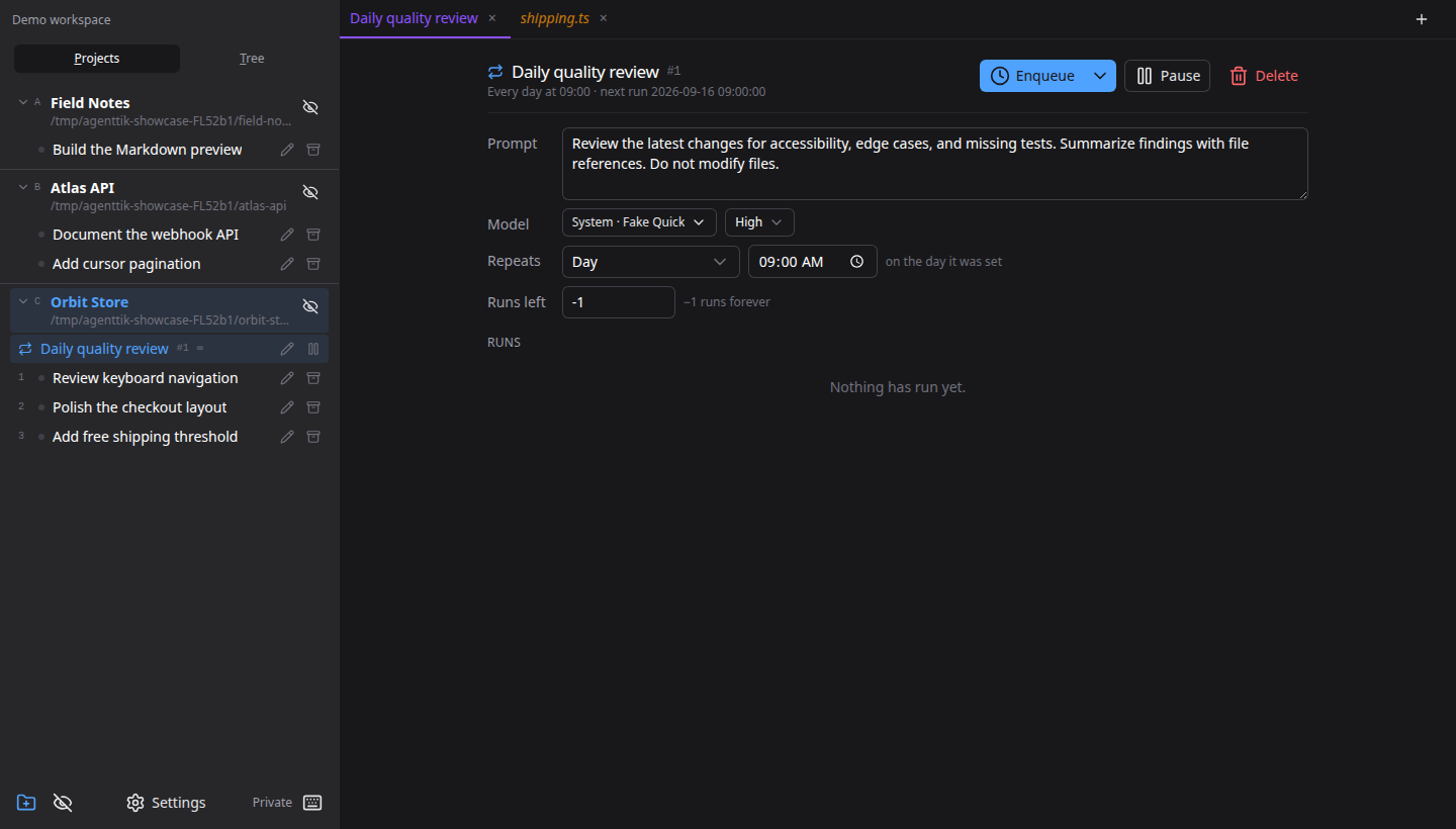 A daily quality review with its prompt, schedule, and run controls