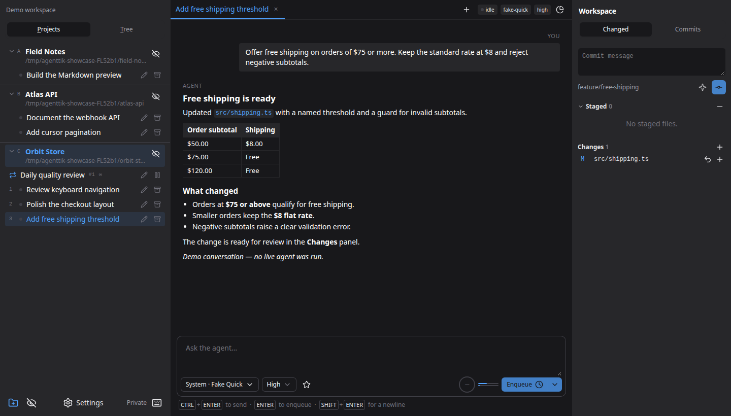 A private workspace with fictional projects, a task conversation, and changed files