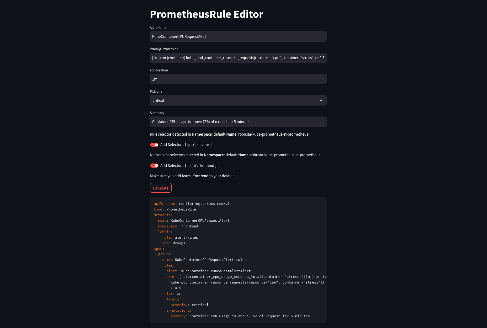 PrometheusRule Editor in action