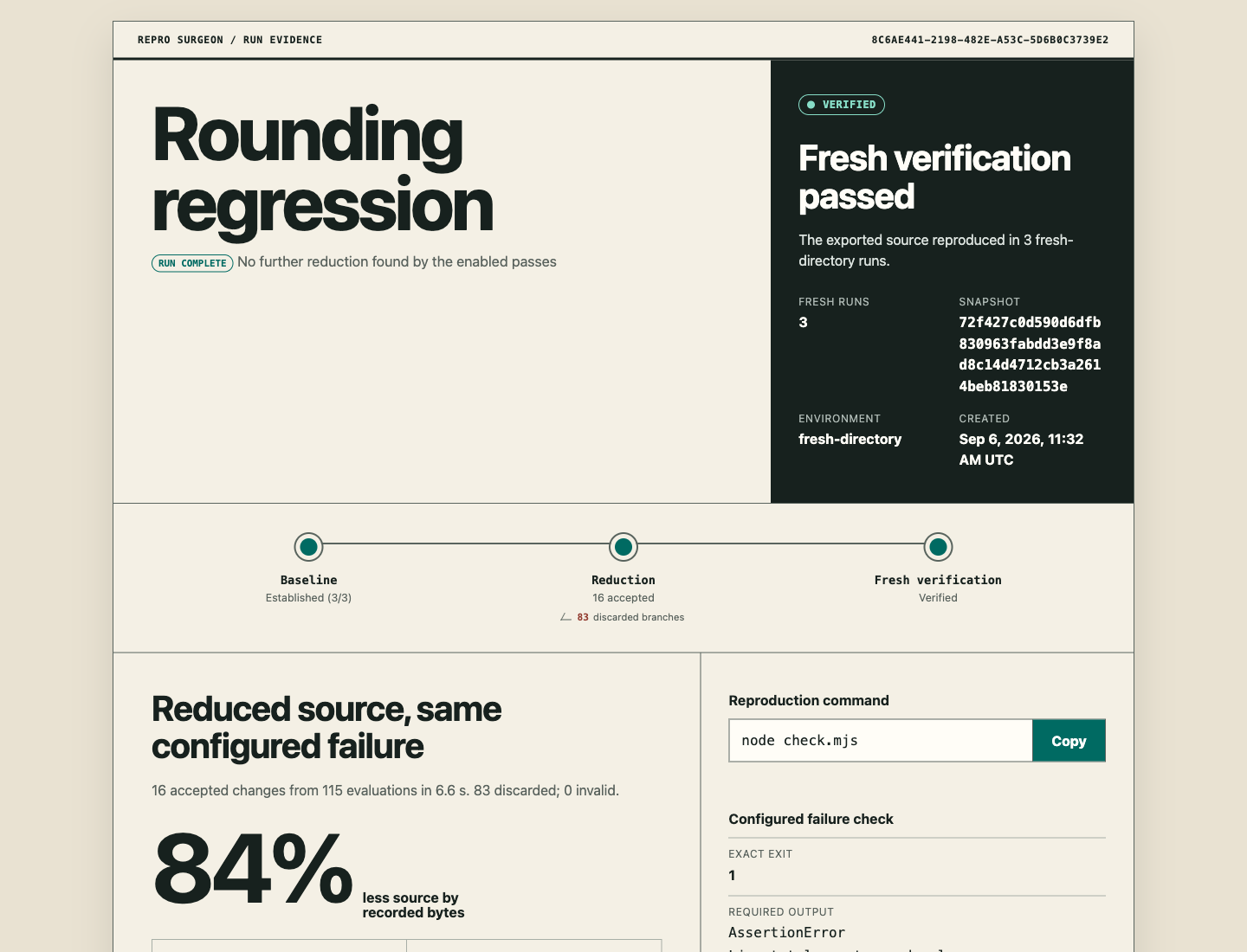 An actual rounding example reduced from 10 files to 5, with three independent verification runs